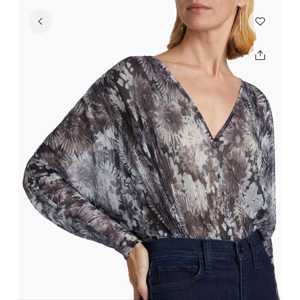Ramy Brook Margot metallic floral long-sleeve bodysuit in dove grey size S NWT